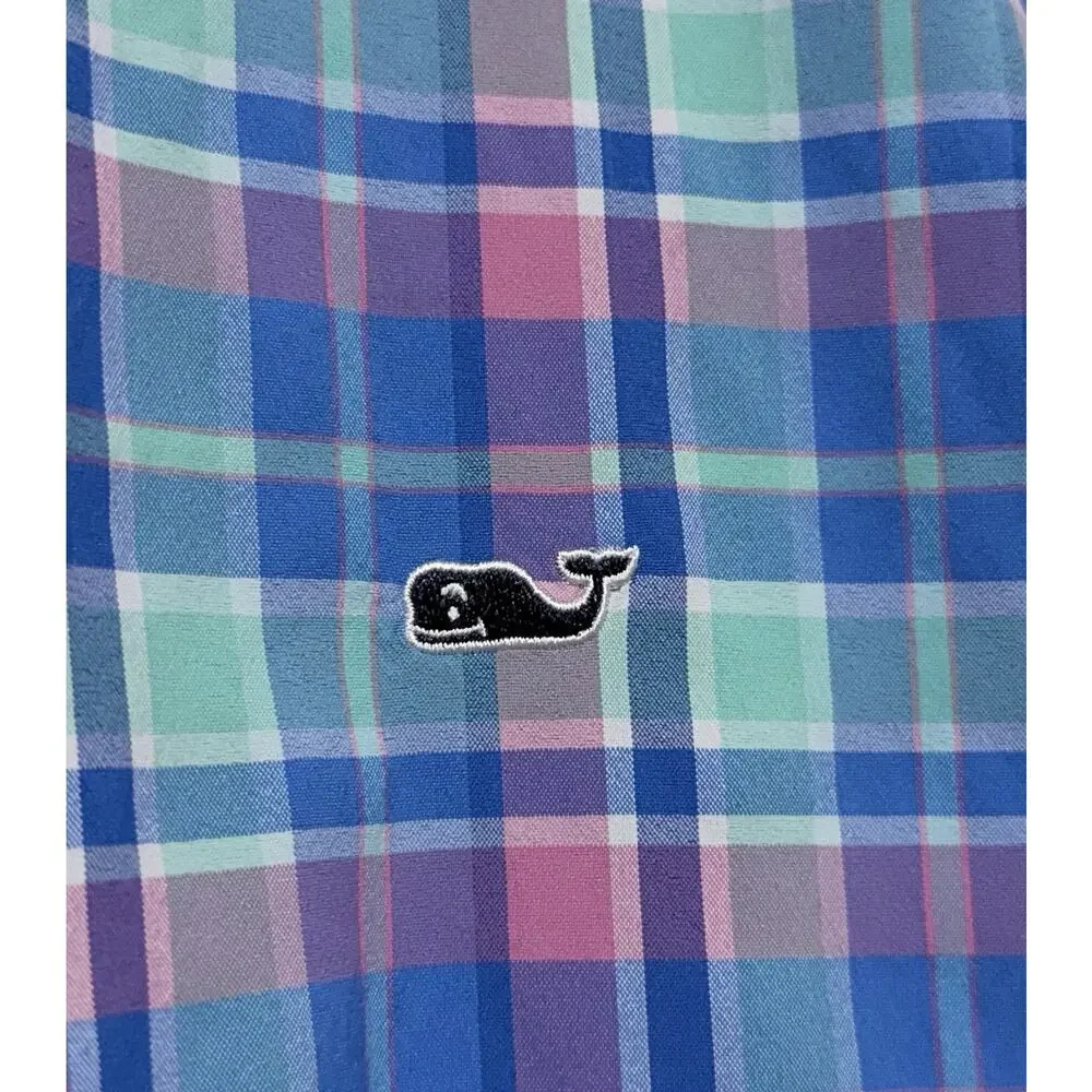 Vineyard Vines Performance Shirt Boys XL 18 Blue Pink Plaid Long Sleeve Logo